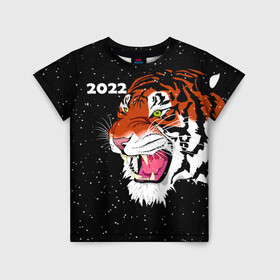 Детская футболка 3D с принтом Рычащий Тигр и Снегопад 2022 , 100% гипоаллергенный полиэфир | прямой крой, круглый вырез горловины, длина до линии бедер, чуть спущенное плечо, ткань немного тянется | 2022 | black | cat | christmas | merry | new year | snow | tiger | xmas | водяной | год тигра | животные | кот | кошки | новый год | паттерн | полосатый | рождество | снег | снежинки | тигры | узор | цветы | черный
