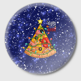 Значок с принтом Новогодняя Елка Пицца ,  металл | круглая форма, металлическая застежка в виде булавки | Тематика изображения на принте: christmas | pizza | гирлянда | елка | ель | звезда | новый год | пицца | рождество