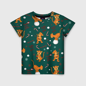 Детская футболка 3D с принтом тигр и рождество , 100% гипоаллергенный полиэфир | прямой крой, круглый вырез горловины, длина до линии бедер, чуть спущенное плечо, ткань немного тянется | Тематика изображения на принте: happy new year | merry christmas | год тигра | животные | звери | зеленый | зима | зимний принт | иллюстрация | кошка | красный | леденец | новогодний | оранжевый | подарок | полосатый | рождество | снег | снегопад