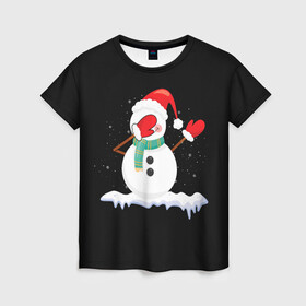 Женская футболка 3D с принтом Cartoon Dab Snowman , 100% полиэфир ( синтетическое хлопкоподобное полотно) | прямой крой, круглый вырез горловины, длина до линии бедер | 2022 | 22 | cartoon | christmas | dab | dub | mult | new | notes | scarf | snow | snowman | snowy | woman | year | баба | год | даб | мультяшный | новый | очки | рождество | снег | снеговик | снежная | шарф