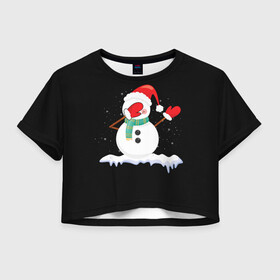 Женская футболка Crop-top 3D с принтом Cartoon Dab Snowman , 100% полиэстер | круглая горловина, длина футболки до линии талии, рукава с отворотами | Тематика изображения на принте: 2022 | 22 | cartoon | christmas | dab | dub | mult | new | notes | scarf | snow | snowman | snowy | woman | year | баба | год | даб | мультяшный | новый | очки | рождество | снег | снеговик | снежная | шарф