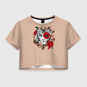 Женская футболка Crop-top 3D с принтом White Tiger Symbol , 100% полиэстер | круглая горловина, длина футболки до линии талии, рукава с отворотами | blue | christmas | eyes | face | flowers | glow | muzzle | new | rose | snow | symbol | tiger | tulip | white | winter | year | белый | глаза | год | года | зима | лицо | нового | новый | рождество | свечение | символ | синее | тигр | тигра