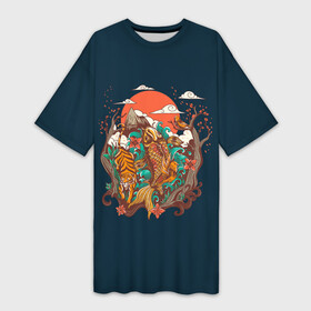 Платье-футболка 3D с принтом Осенний Закат ,  |  | birds | carp | clouds | fish | forest | japan | japanese | koi | moon | mountains | nature | sun | sunset | symbol | tiger | trees | year | года | горы | деревья | закат | карп | кои | лес | луна | облака | природа | птицы | рыба | символ | солнце | тигр 