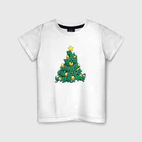 Детская футболка хлопок с принтом Christmas Tree Made Of Green Cats , 100% хлопок | круглый вырез горловины, полуприлегающий силуэт, длина до линии бедер | Тематика изображения на принте: cat | cats | christmas | decotarions | green | kittens | made | new | of | star | toys | tree | year | год | ёлка | звезда | игрушки | кот | коты | котята | кошки | новый | рождество