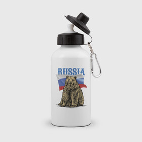 Бутылка спортивная с принтом Символика России и медведь , металл | емкость — 500 мл, в комплекте две пластиковые крышки и карабин для крепления | bear | courage | fearlessness | flag | force | muzzle | paws | power | russia | бесстрашие | лапы | медведь | мощь | мужество | отвага | россия | сила | флаг