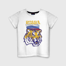 Детская футболка хлопок с принтом Russian tiger , 100% хлопок | круглый вырез горловины, полуприлегающий силуэт, длина до линии бедер | courage | fearlessness | flag | force | muzzle | paws | power | russia | tiger | бесстрашие | лапы | мощь | мужество | отвага | россия | сила | тигр | флаг