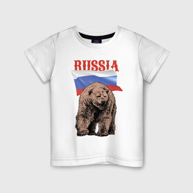 Детская футболка хлопок с принтом Русский свирепый медведь , 100% хлопок | круглый вырез горловины, полуприлегающий силуэт, длина до линии бедер | bear | courage | fearlessness | flag | force | muzzle | paws | power | russia | бесстрашие | лапы | медведь | мощь | мужество | отвага | россия | сила | флаг