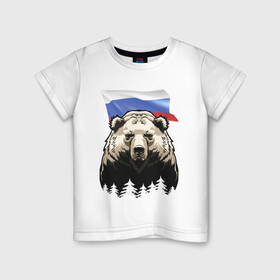 Детская футболка хлопок с принтом Русский спокойный хозяин леса , 100% хлопок | круглый вырез горловины, полуприлегающий силуэт, длина до линии бедер | bear | courage | fearlessness | flag | force | forest | muzzle | paws | power | russia | бесстрашие | лапы | лес | медведь | мощь | мужество | отвага | россия | сила | флаг