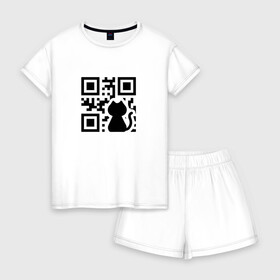 Женская пижама с шортиками хлопок с принтом CAT QR CODE , 100% хлопок | футболка прямого кроя, шорты свободные с широкой мягкой резинкой | cat | cats | meow | qr code | qr код | qrcode | qrкод | quick response code | кот | котик | котики | коты | кошка | кошки | куар | куар код | кью ар код | матричных штриховых кодов | мяу | штриховых кодов