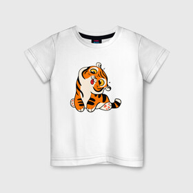 Детская футболка хлопок с принтом Смешной тигренок , 100% хлопок | круглый вырез горловины, полуприлегающий силуэт, длина до линии бедер | 2022 | год тигра | новый год | новый год 2022 | символ года | тигр | тигренок | тигрица | тигры