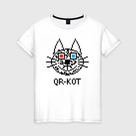 Женская футболка хлопок с принтом QR кот в стерео очках. , 100% хлопок | прямой крой, круглый вырез горловины, длина до линии бедер, слегка спущенное плечо | 3d | head | kitten | kote | pixels | qr cat | qr code | qr код | qr кот | watching a movie | голова | котенок | котэ | кошка | пиксели | смотрит кино | стерео очки