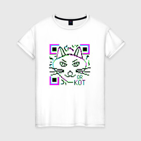 Женская футболка хлопок с принтом QR-Кот 3D , 100% хлопок | прямой крой, круглый вырез горловины, длина до линии бедер, слегка спущенное плечо | 3d | 3д | qr код | qr кот | ковид | кот | кошка | кьюар код | кьюард кот | мемы qr | мемы кот | прикол