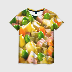 Женская футболка 3D с принтом Весь в оливье , 100% полиэфир ( синтетическое хлопкоподобное полотно) | прямой крой, круглый вырез горловины, длина до линии бедер | Тематика изображения на принте: salat | новый год | оливье | салат
