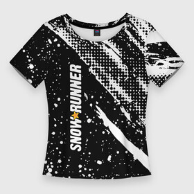 Женская футболка 3D Slim с принтом SnowRunner Logo ,  |  | race | snowrunner | гонки | гонки по бездорожью | гоночные игры | зимние гонки | снежные гонки | снежный бегун | сноу раннер | сноураннер