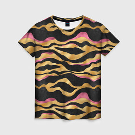 Женская футболка 3D с принтом тигровый окрас Gold   Pink , 100% полиэфир ( синтетическое хлопкоподобное полотно) | прямой крой, круглый вырез горловины, длина до линии бедер | 2022 | год тигра | новый год | новый год 2022 | символ года | тигр | тигренок | тигрица | тигры