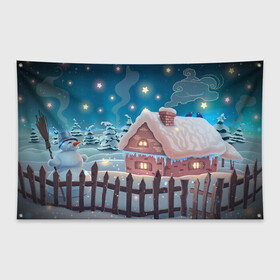 Флаг-баннер с принтом Домик в деревне , 100% полиэстер | размер 67 х 109 см, плотность ткани — 95 г/м2; по краям флага есть четыре люверса для крепления | new year | арт | графика | деревня | дом | зима | новый год | рождество | снеговик