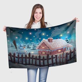 Флаг 3D с принтом Домик в деревне , 100% полиэстер | плотность ткани — 95 г/м2, размер — 67 х 109 см. Принт наносится с одной стороны | new year | арт | графика | деревня | дом | зима | новый год | рождество | снеговик