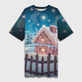 Платье-футболка 3D с принтом Домик в деревне ,  |  | new year | арт | графика | деревня | дом | зима | новый год | рождество | снеговик