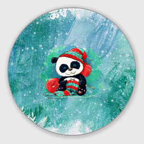 Круглый коврик для мышки с принтом Панда вяжет , резина и полиэстер | круглая форма, изображение наносится на всю лицевую часть | new year | арт | вязание | графика | зима | новый год | панда | рождество