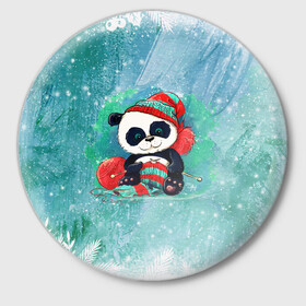 Значок с принтом Панда вяжет ,  металл | круглая форма, металлическая застежка в виде булавки | Тематика изображения на принте: new year | арт | вязание | графика | зима | новый год | панда | рождество