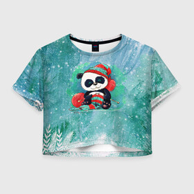 Женская футболка Crop-top 3D с принтом Панда вяжет , 100% полиэстер | круглая горловина, длина футболки до линии талии, рукава с отворотами | new year | арт | вязание | графика | зима | новый год | панда | рождество