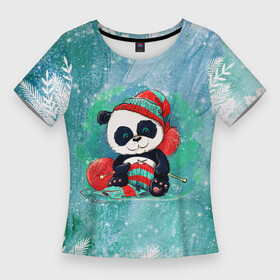 Женская футболка 3D Slim с принтом Панда вяжет ,  |  | new year | арт | вязание | графика | зима | новый год | панда | рождество