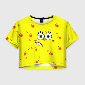 Женская футболка Crop-top 3D с принтом Губка БОБ 2022 , 100% полиэстер | круглая горловина, длина футболки до линии талии, рукава с отворотами | губка боб | желтый | квадратные штаны | мультфильм | смайлик | спанч боб