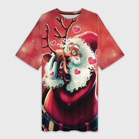 Платье-футболка 3D с принтом Santa and deer ,  |  | new year | арт | графика | дед мороз | зима | новый год | олень | рождество | санта