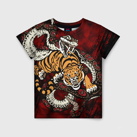 Детская футболка 3D с принтом Тигр со Змеёй 2022 , 100% гипоаллергенный полиэфир | прямой крой, круглый вырез горловины, длина до линии бедер, чуть спущенное плечо, ткань немного тянется | борьба | вектор | змея | противостояние | тигр