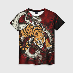 Женская футболка 3D с принтом Тигр со Змеёй 2022 , 100% полиэфир ( синтетическое хлопкоподобное полотно) | прямой крой, круглый вырез горловины, длина до линии бедер | борьба | вектор | змея | противостояние | тигр