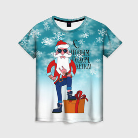 Женская футболка 3D с принтом Hipster Santa 2022 , 100% полиэфир ( синтетическое хлопкоподобное полотно) | прямой крой, круглый вырез горловины, длина до линии бедер | Тематика изображения на принте: 2022 | ded moroz | rock | santa | борода | дед мороз | нг | новый год | подарок | рок | санта | тату | хипстер