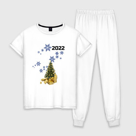 Женская пижама хлопок с принтом Новый год , 100% хлопок | брюки и футболка прямого кроя, без карманов, на брюках мягкая резинка на поясе и по низу штанин | ёлочка | новый год | снежинки