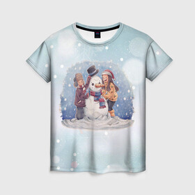 Женская футболка 3D с принтом !Снеговик! , 100% полиэфир ( синтетическое хлопкоподобное полотно) | прямой крой, круглый вырез горловины, длина до линии бедер | new year | арт | графика | дети | зима | новый год | рождество | снеговик