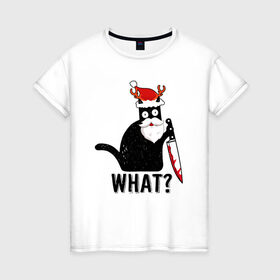 Женская футболка хлопок с принтом НОВОГОДНИЙ WHAT CAT , 100% хлопок | прямой крой, круглый вырез горловины, длина до линии бедер, слегка спущенное плечо | 2022 | cat | cats | christmas | cold | garland | klaus | mem | meme | memes | merry | new | santa | snow | what | winter | year | герлянды | гирлянда | год | зима | клаус | кот | котейка | котенок | котик | котэ | кошка | мем | мемы | мороз