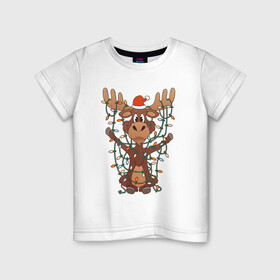 Детская футболка хлопок с принтом НОВОГОДНИЙ ОЛЕНЬ CHRISTMAS DEER , 100% хлопок | круглый вырез горловины, полуприлегающий силуэт, длина до линии бедер | 2022 | christmas | cold | deer | klaus | mem | meme | memes | merry | new | santa | snow | what | winter | year | гирлянды | год | зима | клаус | мем | мемы | мороз | новый | олень | рождество | санта | снег | холод | что