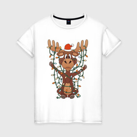 Женская футболка хлопок с принтом НОВОГОДНИЙ ОЛЕНЬ CHRISTMAS DEER , 100% хлопок | прямой крой, круглый вырез горловины, длина до линии бедер, слегка спущенное плечо | 2022 | christmas | cold | deer | klaus | mem | meme | memes | merry | new | santa | snow | what | winter | year | гирлянды | год | зима | клаус | мем | мемы | мороз | новый | олень | рождество | санта | снег | холод | что