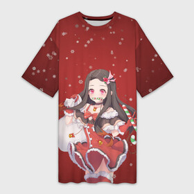 Платье-футболка 3D с принтом Рождественская Nezuko ,  |  | Тематика изображения на принте: anime | blade demon | demon slayer | demon slayer kimetsu no yaiba | kamado | kimetsu | kimetsu no yaiba | nezuko | slayer | tanjiro | аниме | демон | клинок рассекающий демонов | недзуко | незуко | новогодняя | новый год | праздник | рождес