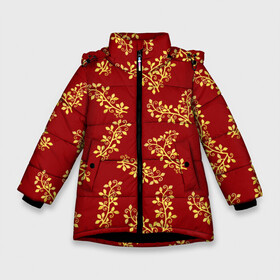 Зимняя куртка для девочек 3D с принтом Золотые веточки на ярко красном фоне , ткань верха — 100% полиэстер; подклад — 100% полиэстер, утеплитель — 100% полиэстер. | длина ниже бедра, удлиненная спинка, воротник стойка и отстегивающийся капюшон. Есть боковые карманы с листочкой на кнопках, утяжки по низу изделия и внутренний карман на молнии. 

Предусмотрены светоотражающий принт на спинке, радужный светоотражающий элемент на пуллере молнии и на резинке для утяжки. | Тематика изображения на принте: gold | plants | red | twigs | веточки | день влюбленных | золото | золотой | красный | любовь | новый год | подарок | праздник | растения