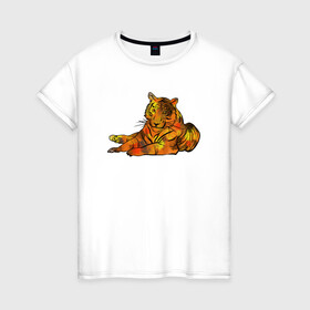Женская футболка хлопок с принтом Акварельный тигр 2022 , 100% хлопок | прямой крой, круглый вырез горловины, длина до линии бедер, слегка спущенное плечо | дикие кошки | новый год | символ года | тигр | тигренок
