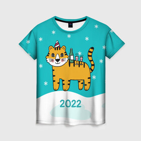 Женская футболка 3D с принтом Новогодний стол - тигр , 100% полиэфир ( синтетическое хлопкоподобное полотно) | прямой крой, круглый вырез горловины, длина до линии бедер | 2022 | год тигра | новый год | новый год 2022 | символ года | тигр | тигренок | тигрица | тигры