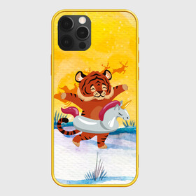 Чехол для iPhone 12 Pro с принтом Тигренок бежит купаться в круге , силикон | область печати: задняя сторона чехла, без боковых панелей | 2022 | год тигра | новый год | новый год 2022 | символ года | тигр | тигренок | тигрица | тигры