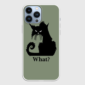 Чехол для iPhone 13 Pro Max с принтом What Что ,  |  | Тематика изображения на принте: black cat | cat | fearsome | halloween | question | silhouette | stern look | what | вопрос | кошка | силуэт | суровый взгляд | хеллоуин | черный кот | что