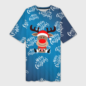 Платье-футболка 3D с принтом Merry Christmas Олень с подарком. ,  |  | 2022 | happy new year | merry christmas | год тигра | зима близко | нг | новогодний | новый год | новый год 2022 | олень | рождество | символ 2022 года | снег | снежинки