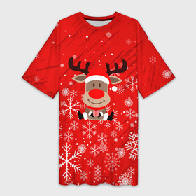 Платье-футболка 3D с принтом Снежинки летящие и Олень с подарком. ,  |  | 2022 | happy new year | merry christmas | год тигра | зима близко | нг | новогодний | новогодний тигр | новый год | новый год 2022 | олень | рождество | символ 2022 года | снег | снежинки
