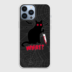 Чехол для iPhone 13 Pro Max с принтом What Кот убийца ,  |  | Тематика изображения на принте: bats | blood | cat | halloween | killer | maniac | what | with a knife | кот | кошка | кровь | летучие мыши | с ножом | хеллоуин | что