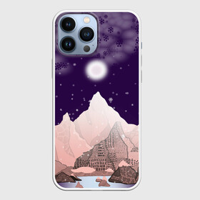 Чехол для iPhone 13 Pro Max с принтом Зимнее лунное небо в горах со снегопадом ,  |  | Тематика изображения на принте: горный | горный массив | горный пейзаж | горы | горы в лунную ночь | горы под луной | зима в горах | зима и горы | зимний | зимняя ночь в горах | зимняя сказка | луна | розовые горы под