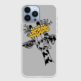 Чехол для iPhone 13 Pro Max с принтом Жираф показывает язык ,  |  | african | funny | giraffe | on the head | shows tongue | wreath | yellow flowers | африканский | венок | весёлый | жёлтые цветы | жираф | на голове | показывает | язык