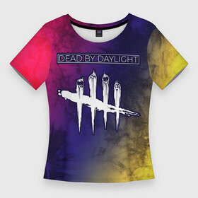 Женская футболка 3D Slim с принтом DEAD BY DAYLIGHT + Tie Dye ,  |  | daylight | dead | dead by daylight | dye | game | games | horror | logo | skull | skulls | tie | tiedye | zombie | бай | выживание | дейлайт | дэд | дэйлайт | зомби | игра | игры | лого | логотип | символ | хоррор | череп | черепа