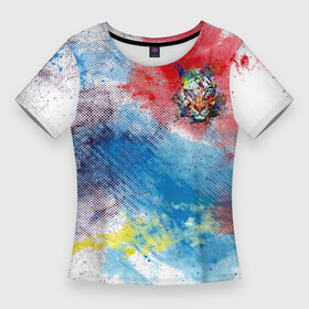 Женская футболка 3D Slim с принтом Красочный лев на цветном облаке ,  |  | животные | краски | красочно | лев | радуга