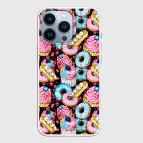 Чехол для iPhone 13 Pro с принтом Узор из сладостей на черном фоне ,  |  | Тематика изображения на принте: donuts | акварель | вкусные | вкусный | десерты | донатс | капкейки | пончики | сладкое | сладости | съедобные | темный | черный